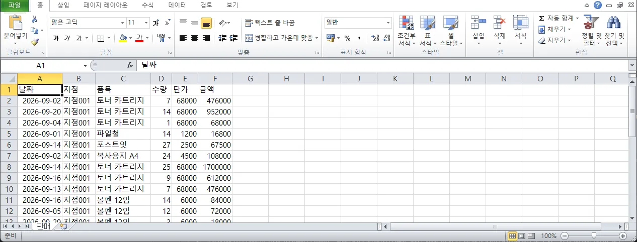 엑셀에서 연 지점001_2026-09.xlsx. 날짜, 지점, 품목, 수량, 단가, 금액 6개 열에 9월 판매 행이 들어 있다