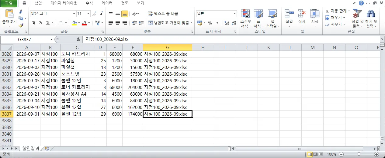 합친 결과 파일의 마지막 부분. 마지막 데이터 행 번호가 3837이고 지점100 파일의 행으로 끝난다